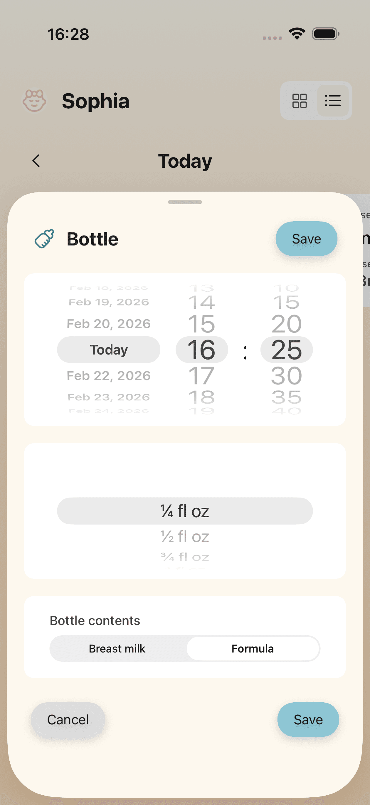 Bottle feeding tracking screen with time and quantity inputs