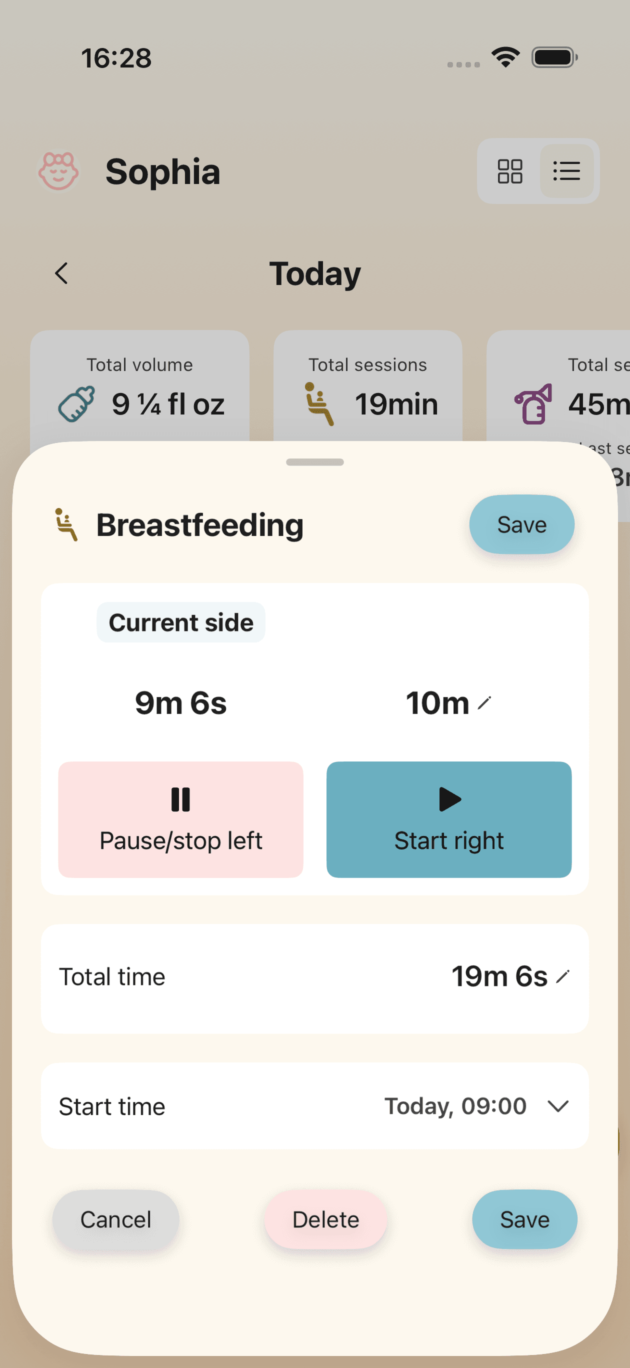 Breastfeeding tracking screen with timer for left and right sides