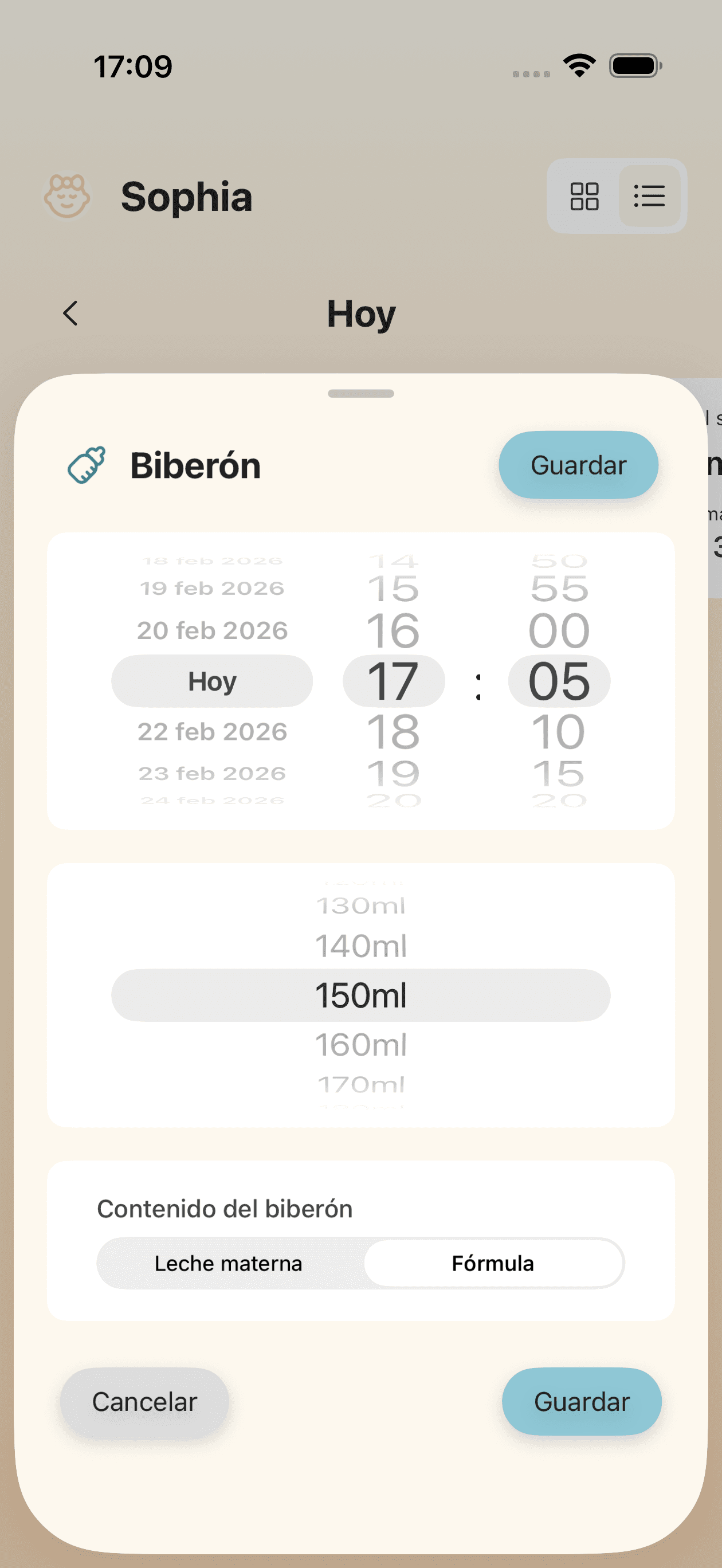 Pantalla de seguimiento de alimentación con biberón con entrada de tiempo y cantidad
