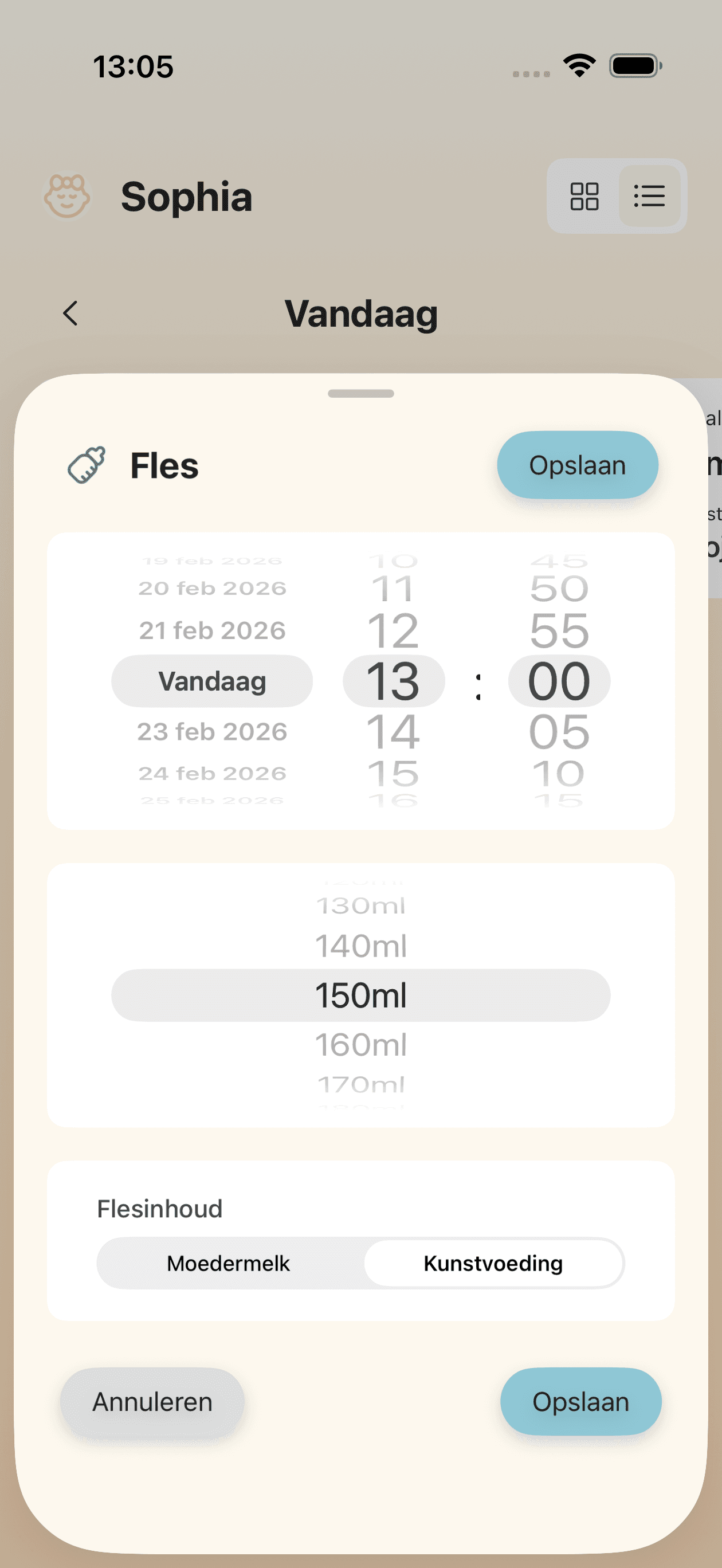 Flesvoedingstracking-scherm met tijd- en hoeveelheidsinvoer