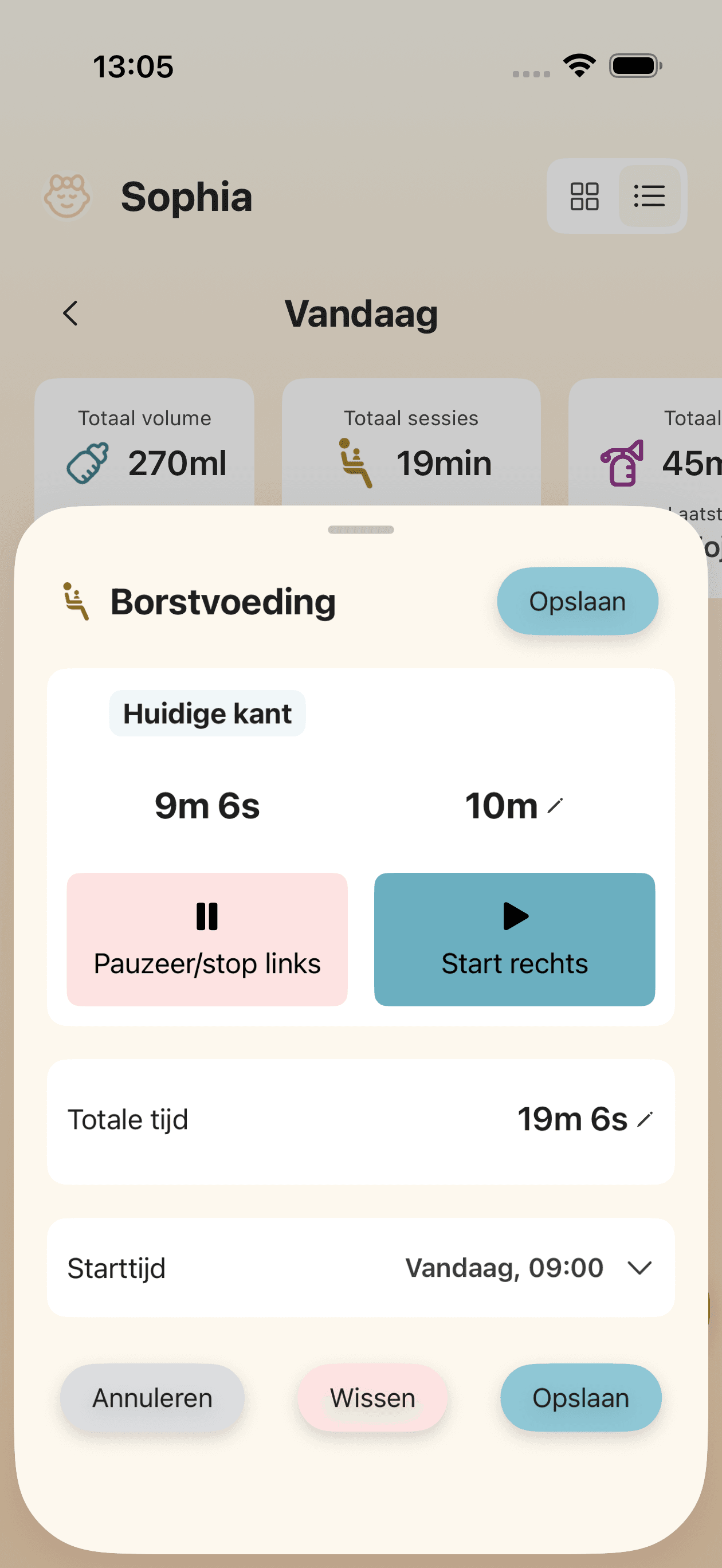 Borstvoedingstracking-scherm met timer voor linker- en rechterkant
