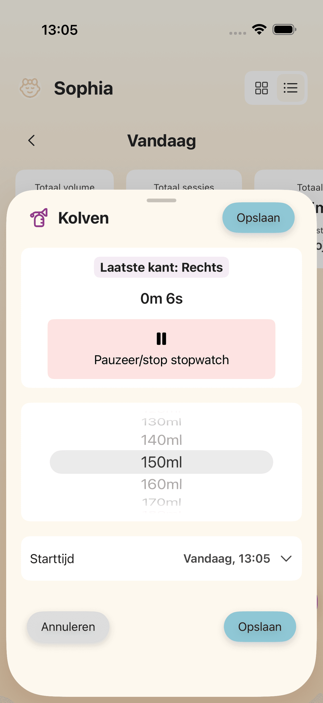 Uitpompingstracking-scherm voor sessieregistratie