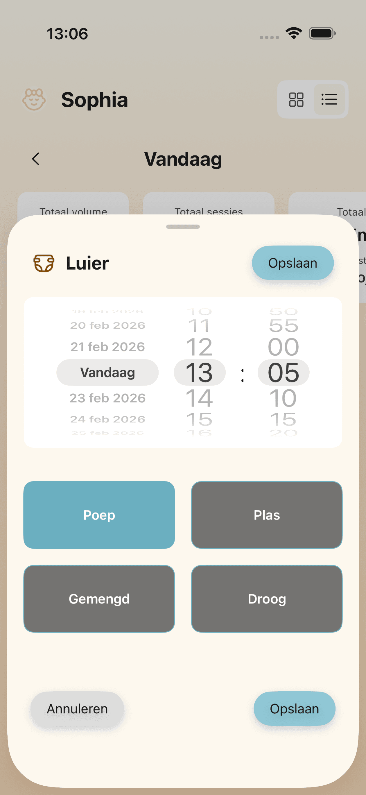 Luiertrackinginterface met opties voor plas, poep en gemengd