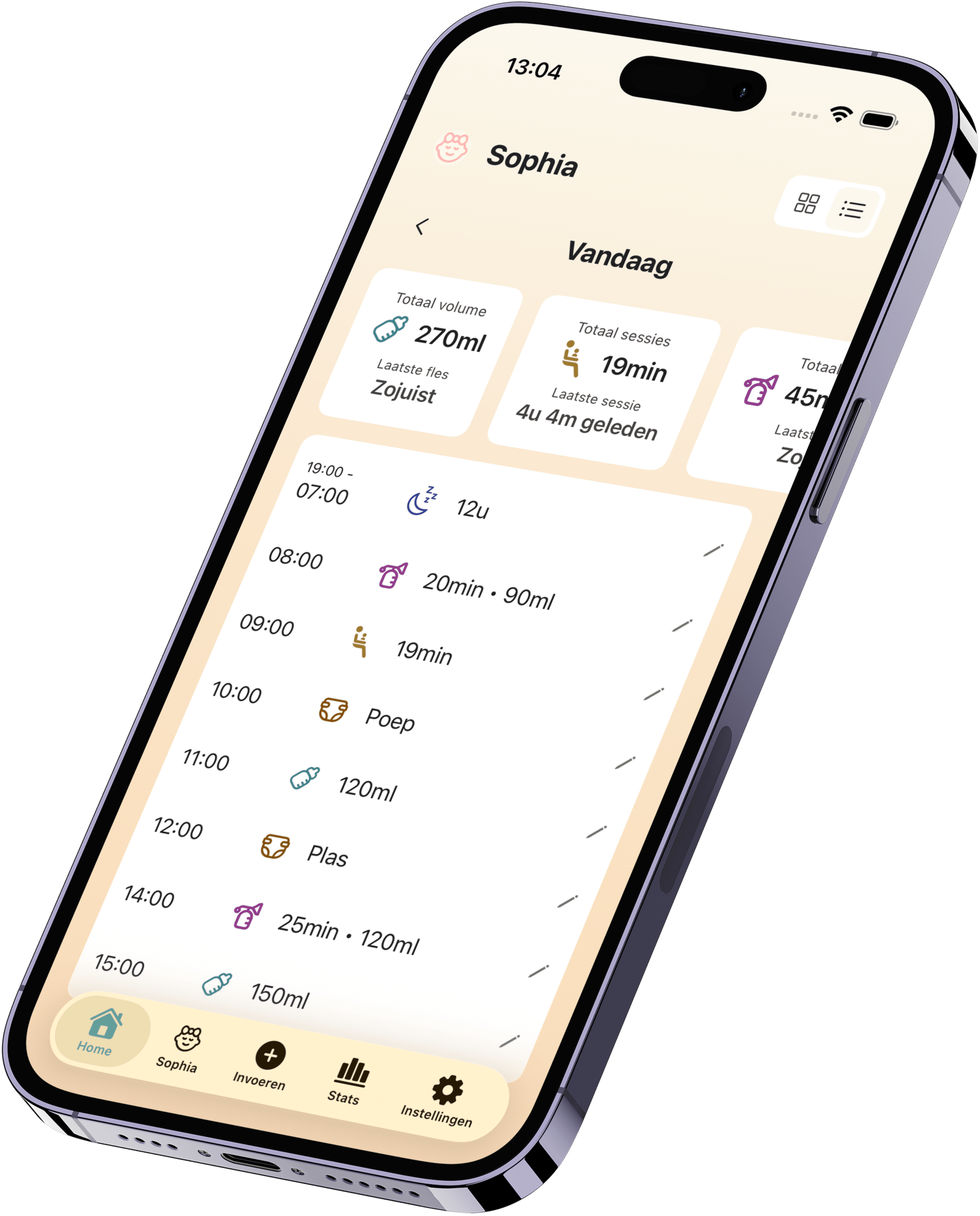 Noora Baby-startscherm met voedings- en luiertracking