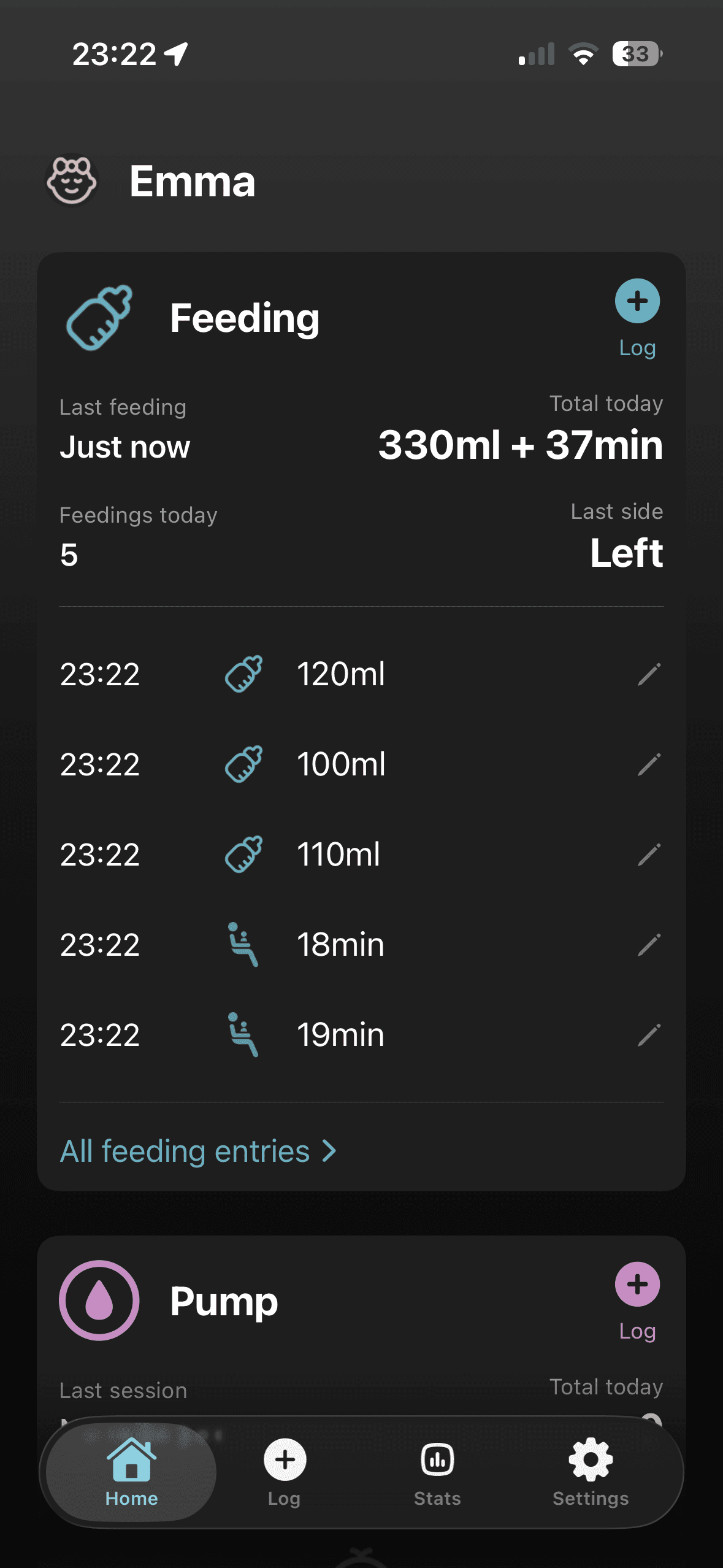 Baby feeding tracker screen showing bottle feeding with time and quantity inputs