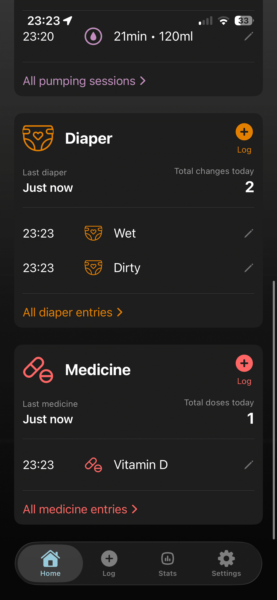 Noora Baby app diaper tracking interface