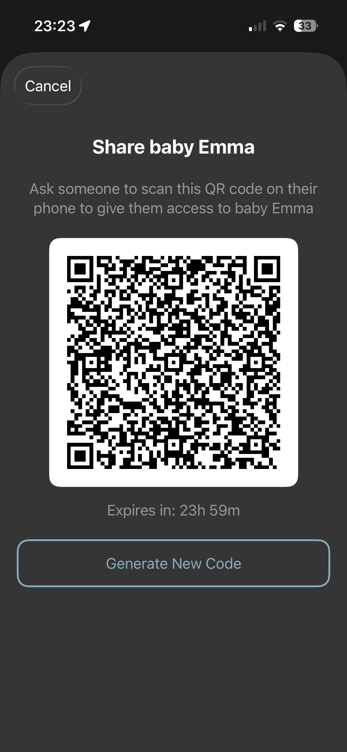 QR code sharing screen for family and caregiver access