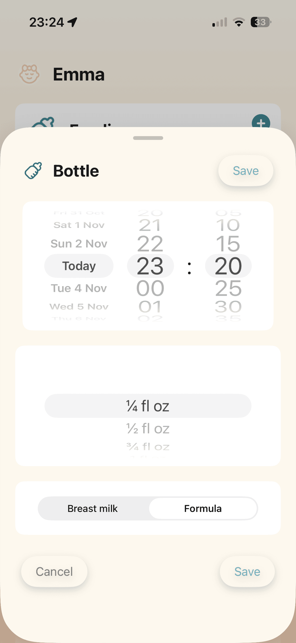 Bottle feeding tracking screen with time and quantity inputs