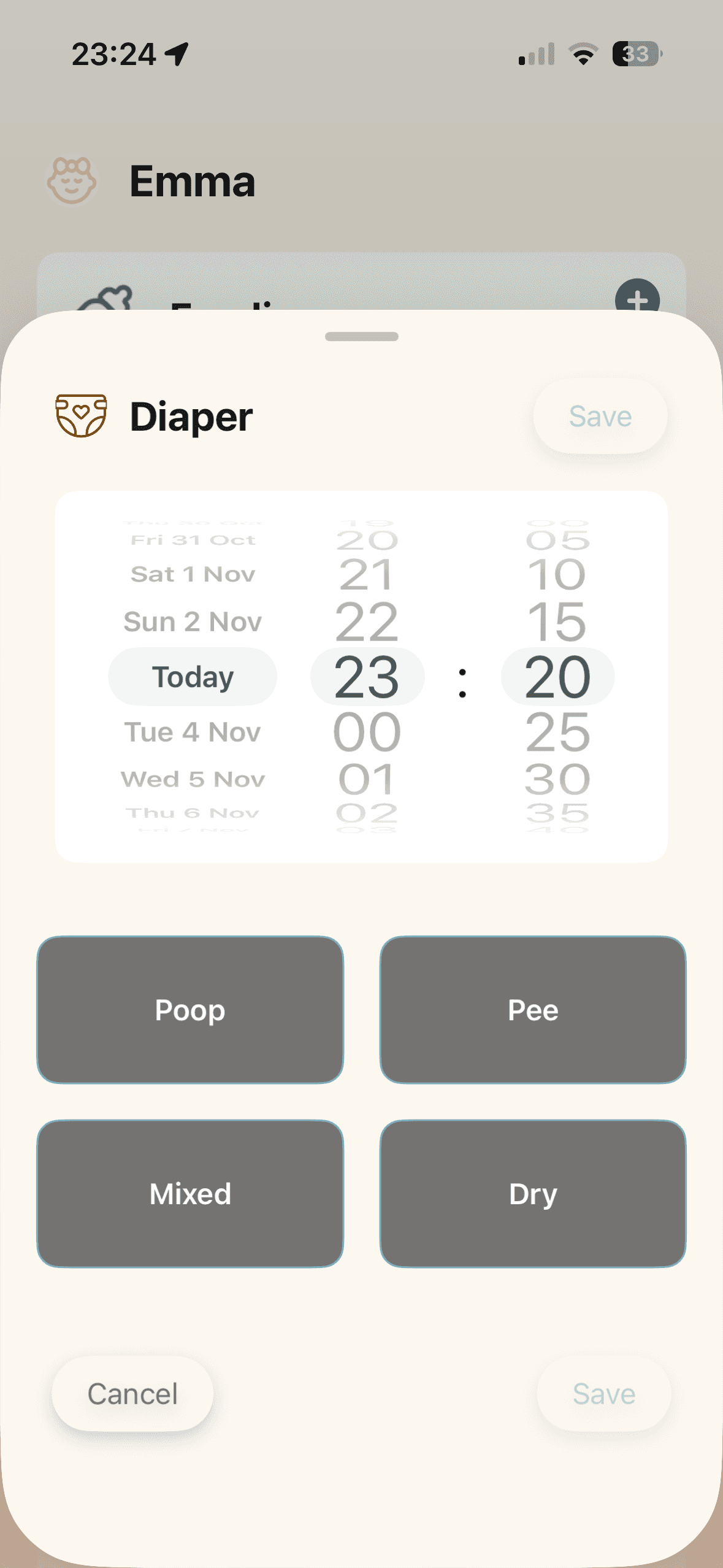 Diaper tracking interface with pee, poop, and mixed options