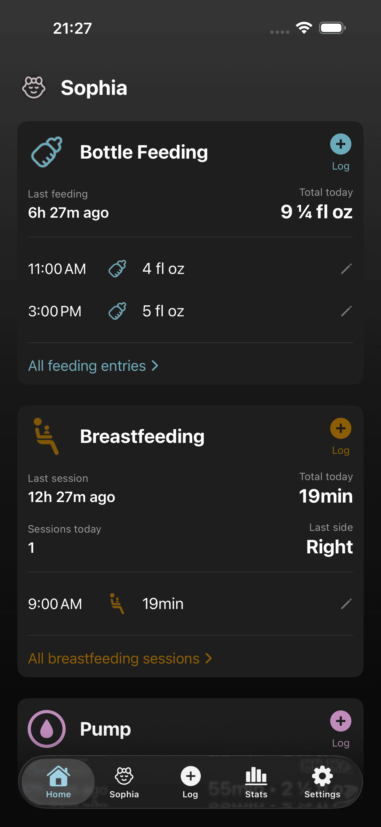 Baby feeding tracker screen showing bottle feeding with time and quantity inputs