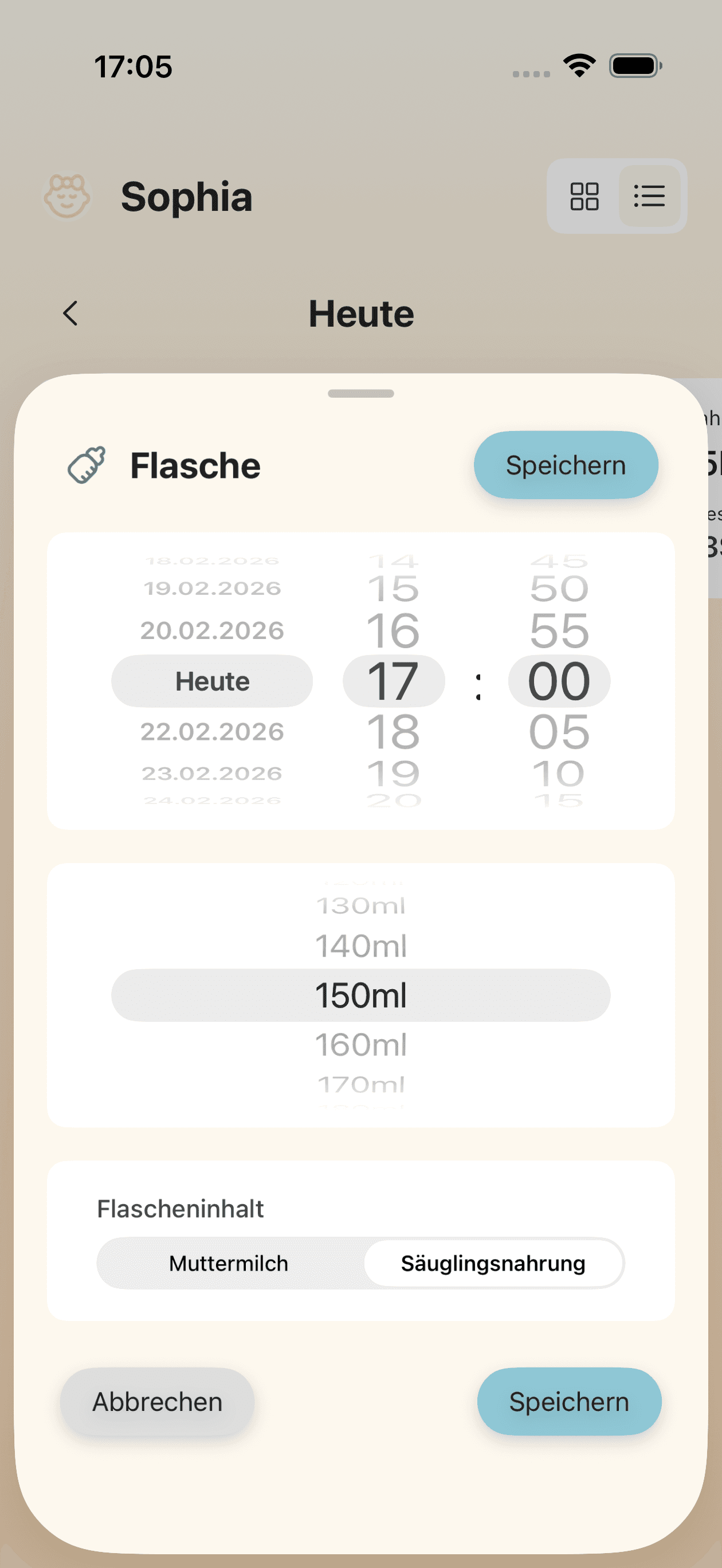Flaschenfütterungs-Tracking-Bildschirm mit Zeit- und Mengeneingaben