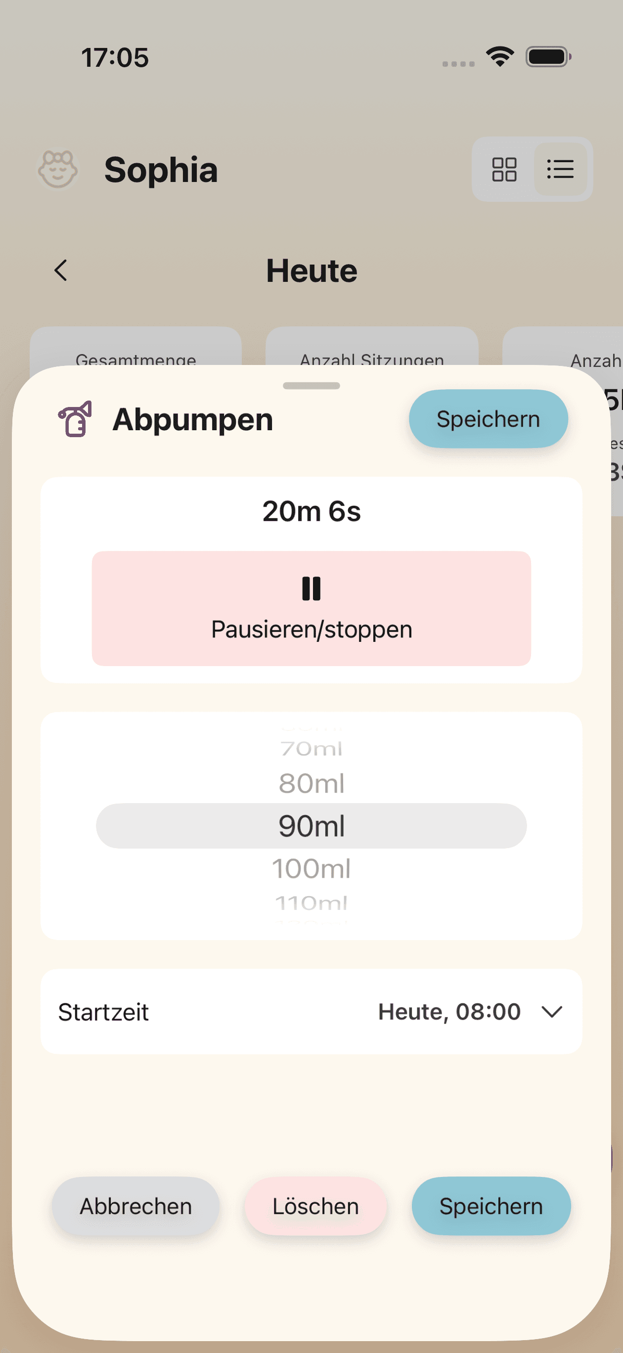 Abpump-Tracking-Bildschirm für Sitzungsaufzeichnung