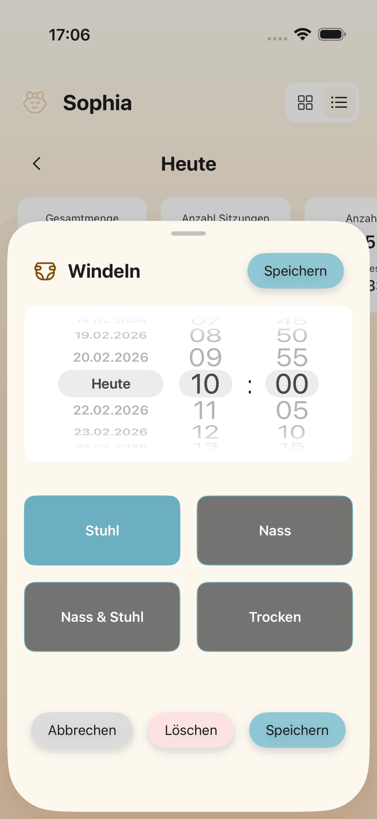 Windel-Tracking-Oberfläche mit Pipi-, Kacka- und gemischten Optionen