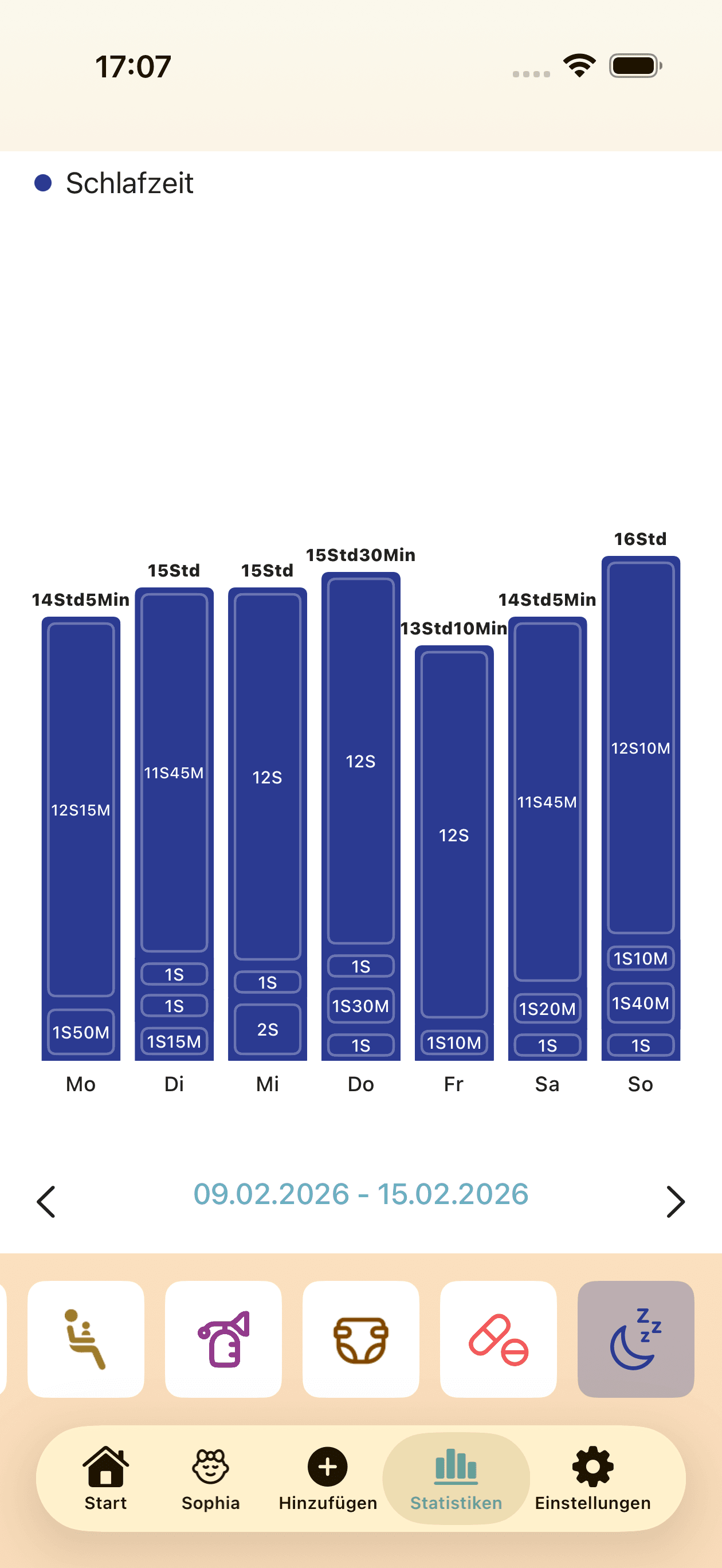 Schlaftracking-Statistikbildschirm mit Schlafmustern und -verlauf des Babys
