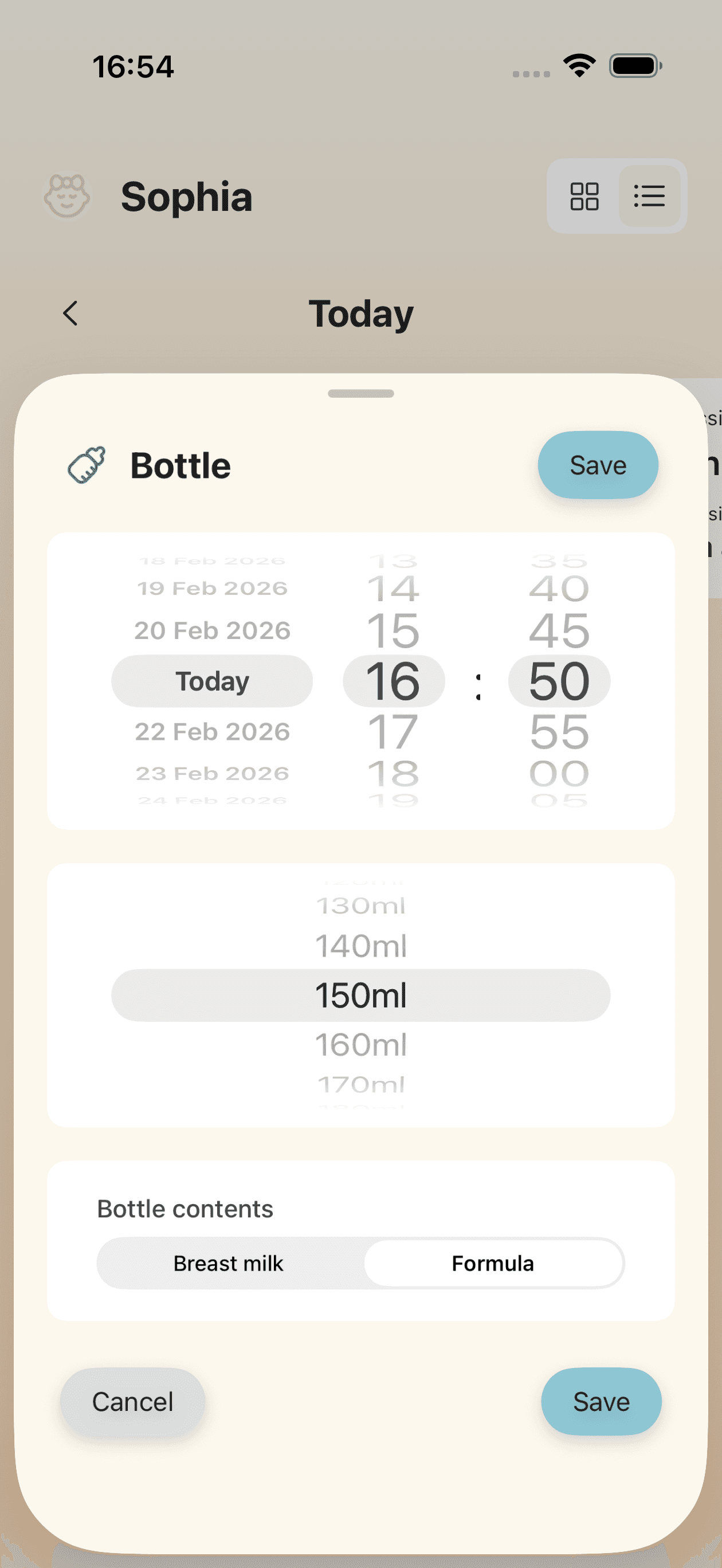Bottle feeding tracking screen with time and quantity inputs