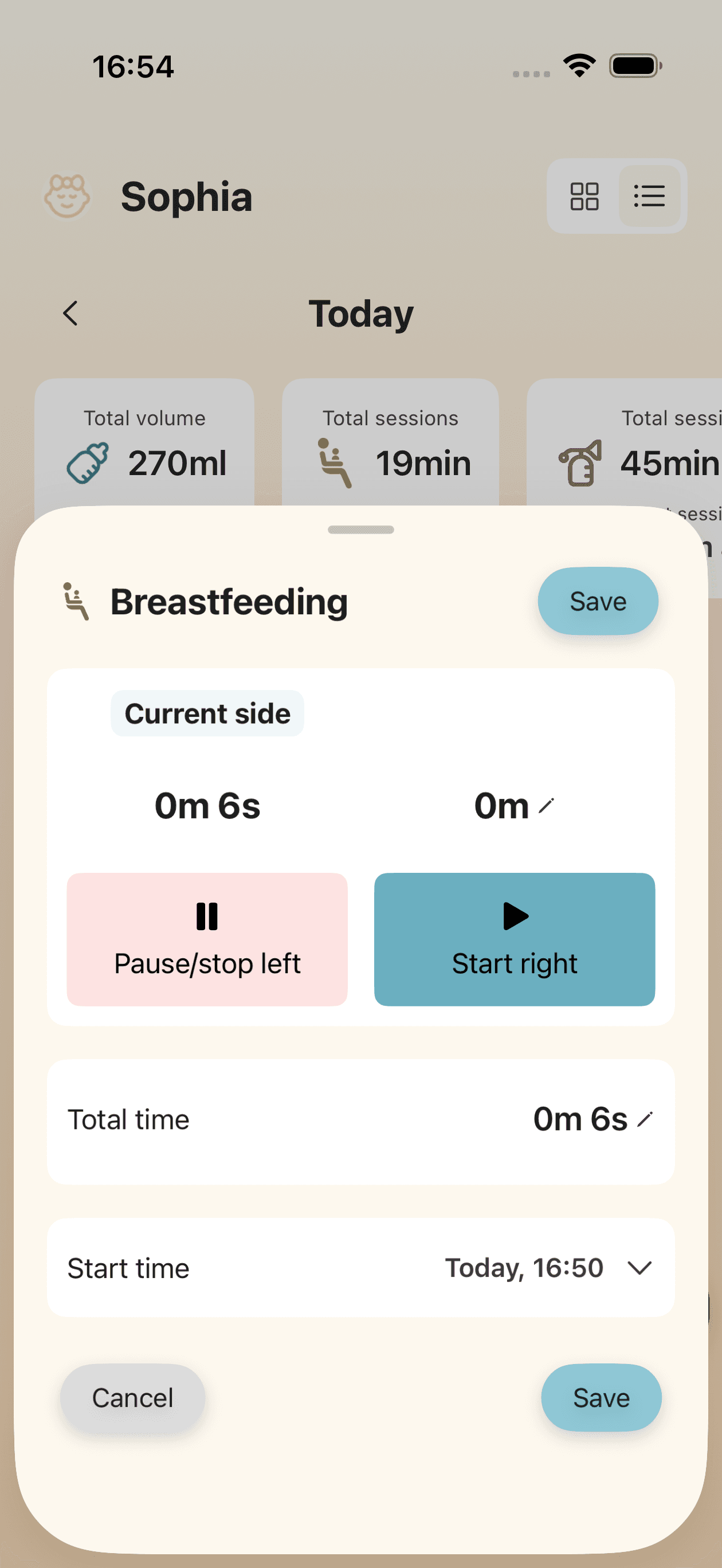 Breastfeeding tracking screen with timer for left and right sides