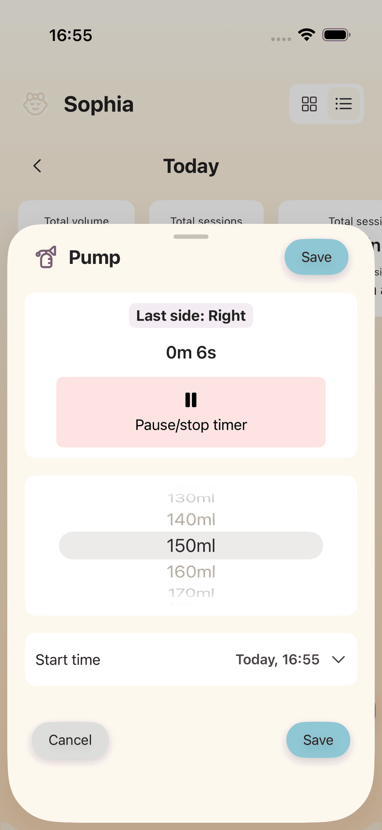 Pumping session tracking screen