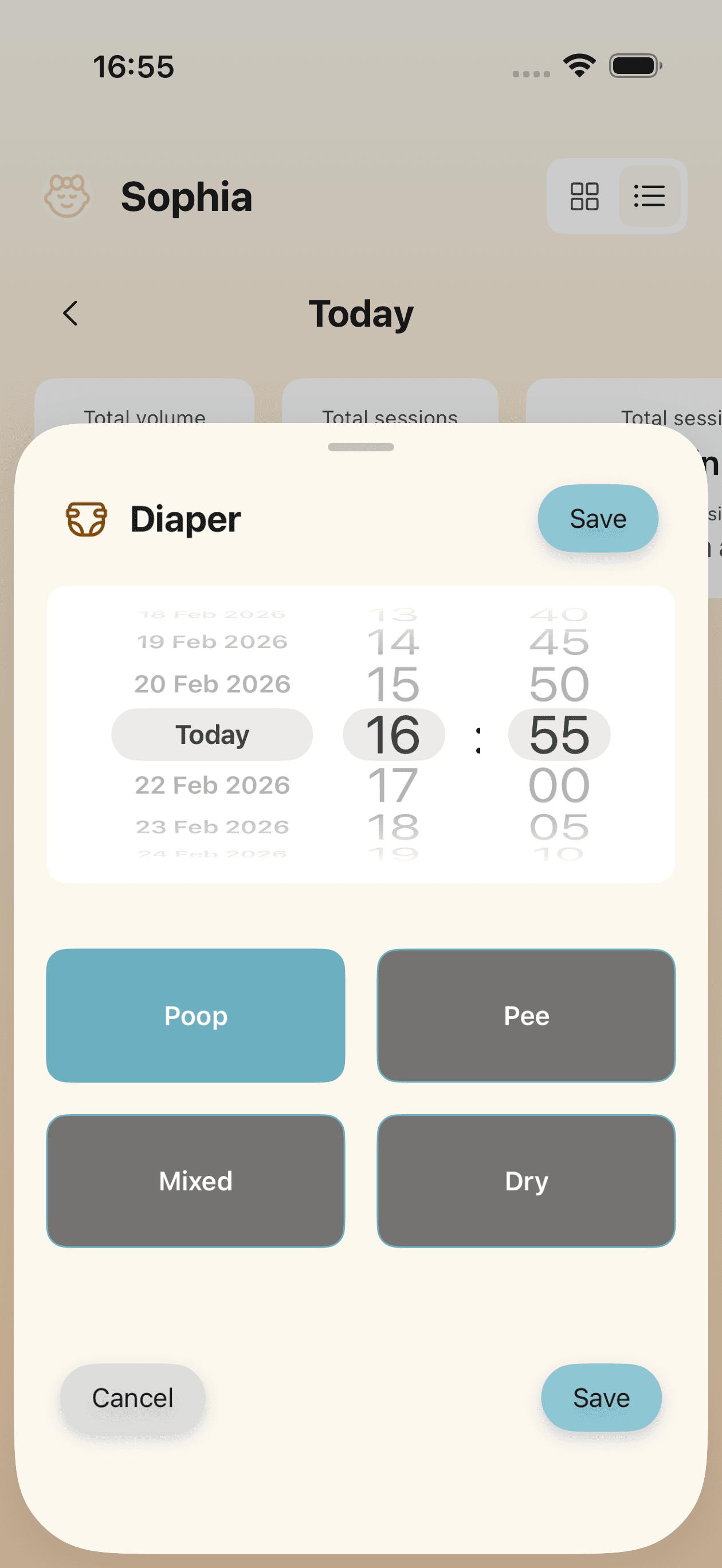Nappy tracking interface with wet, dirty, and mixed options