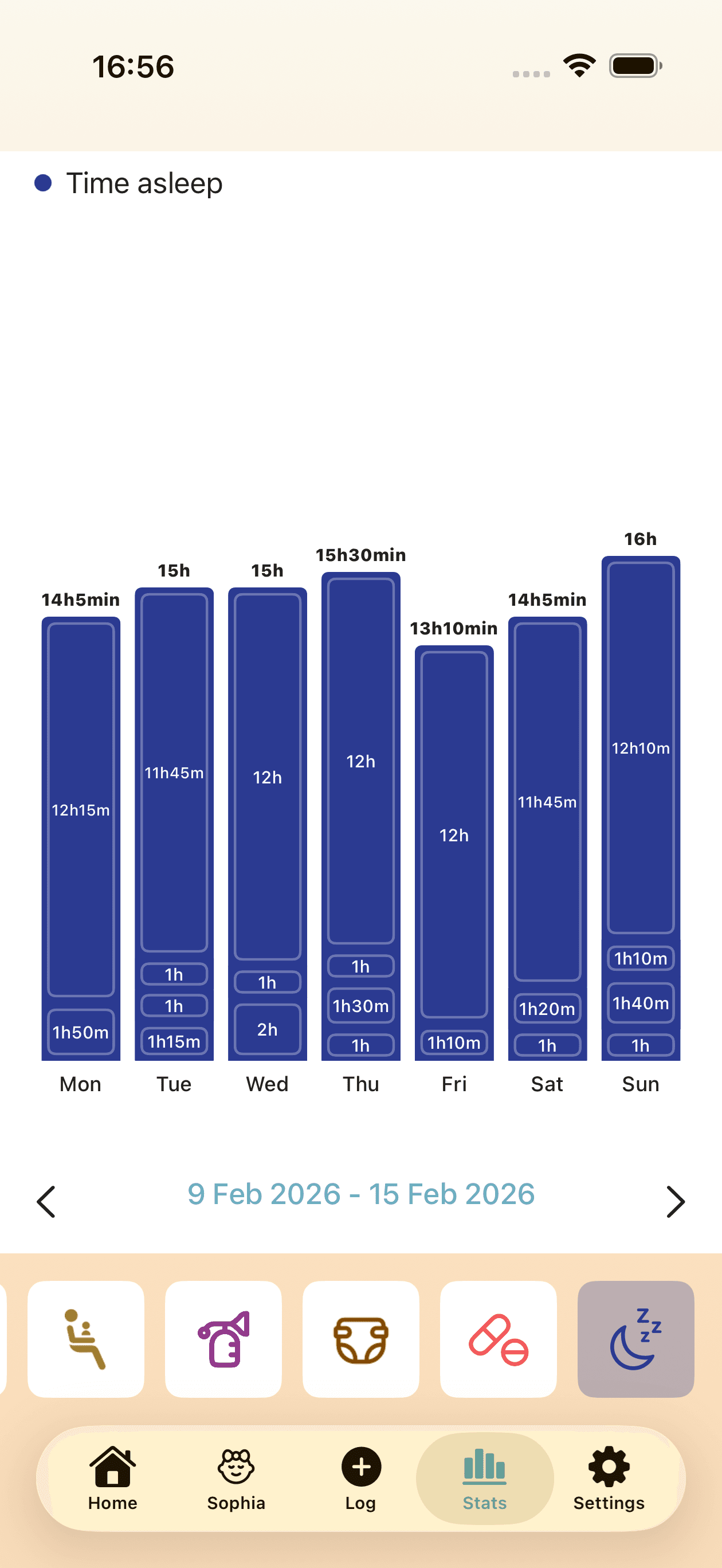 Sleep tracking statistics screen showing baby's sleep patterns and history