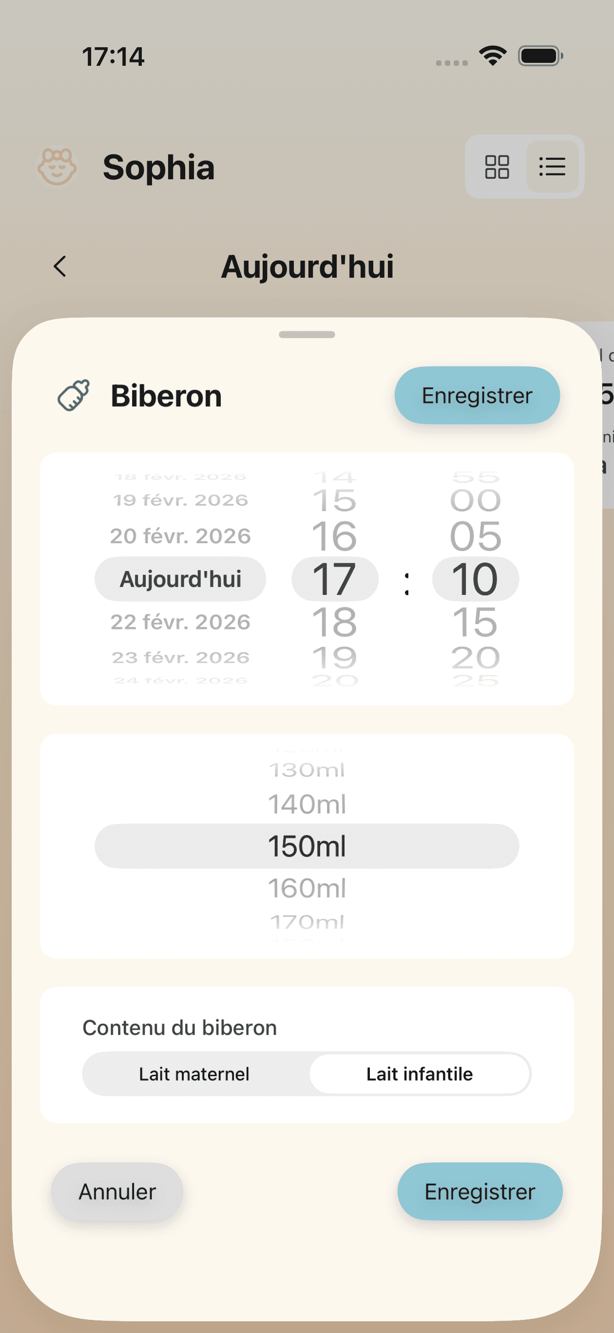 Écran de suivi d'alimentation au biberon avec saisie du temps et de la quantité