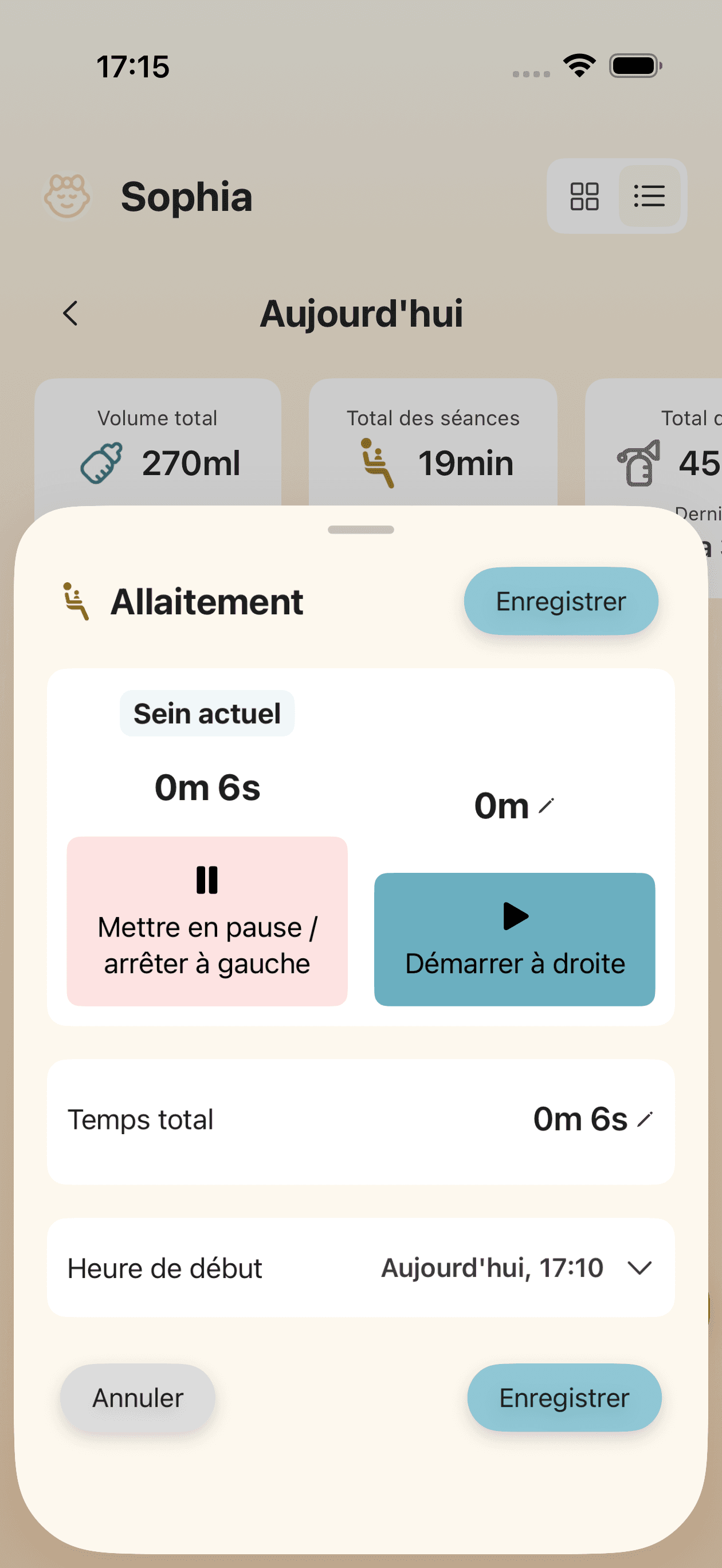 Écran de suivi d'allaitement avec minuteur pour côté gauche et droit