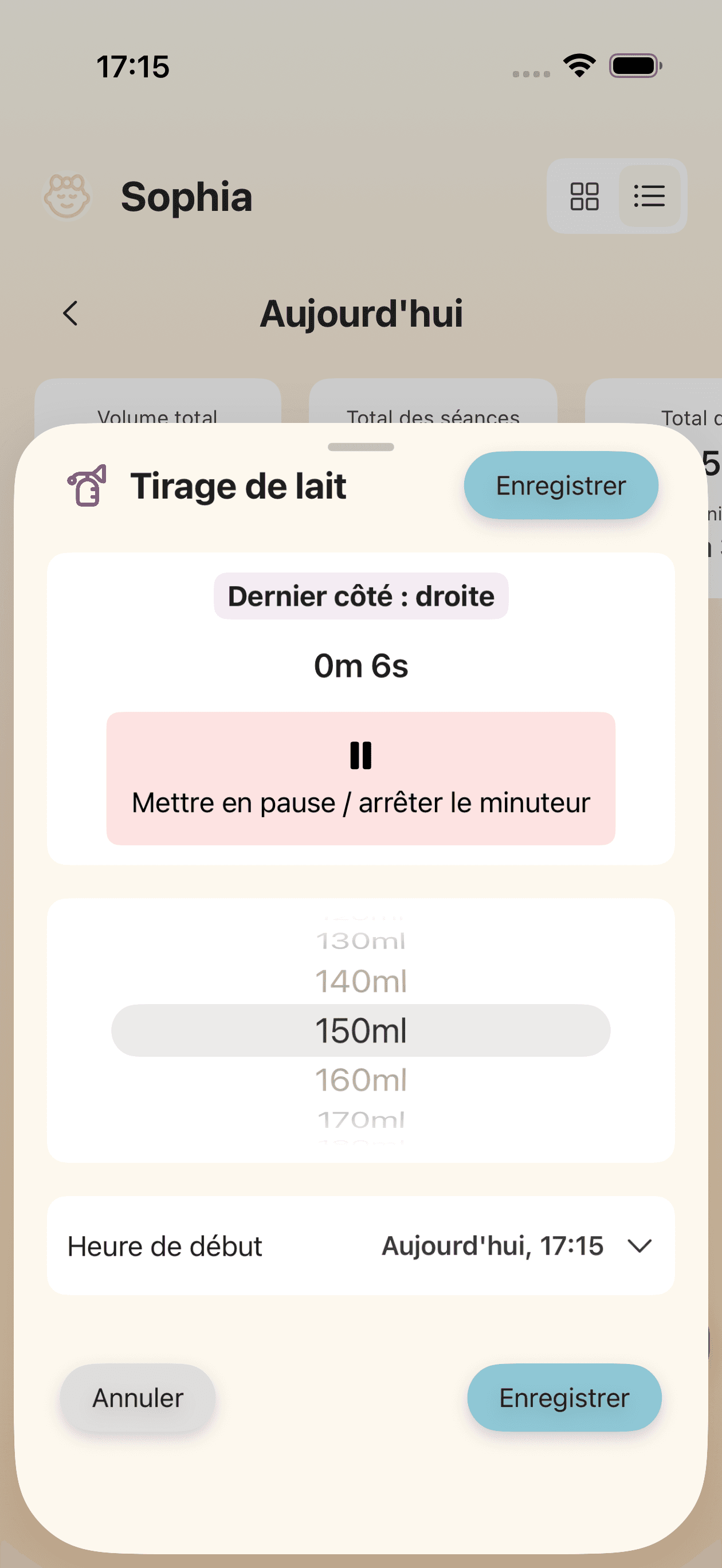 Écran de suivi des séances d'expression