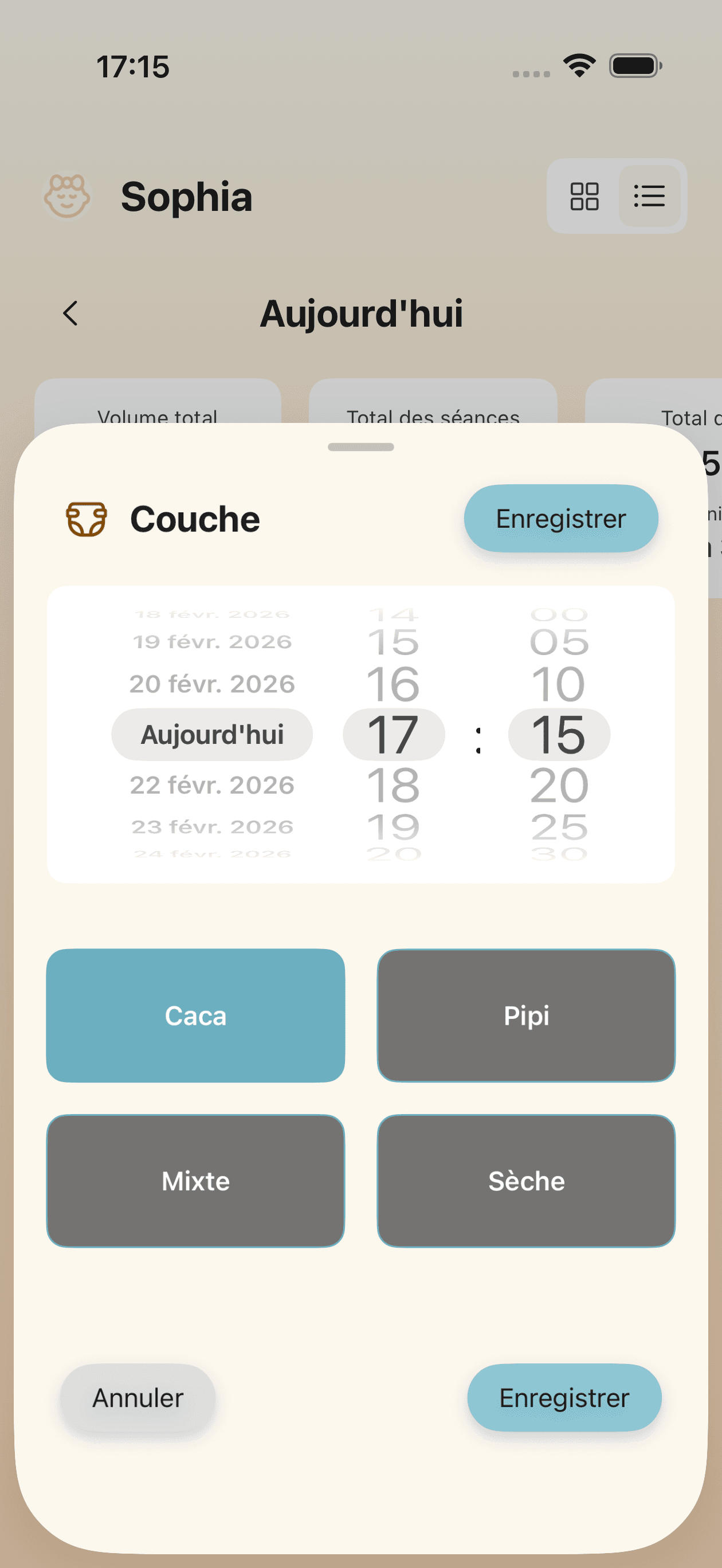 Interface de suivi des couches avec options pipi, caca et mixtes