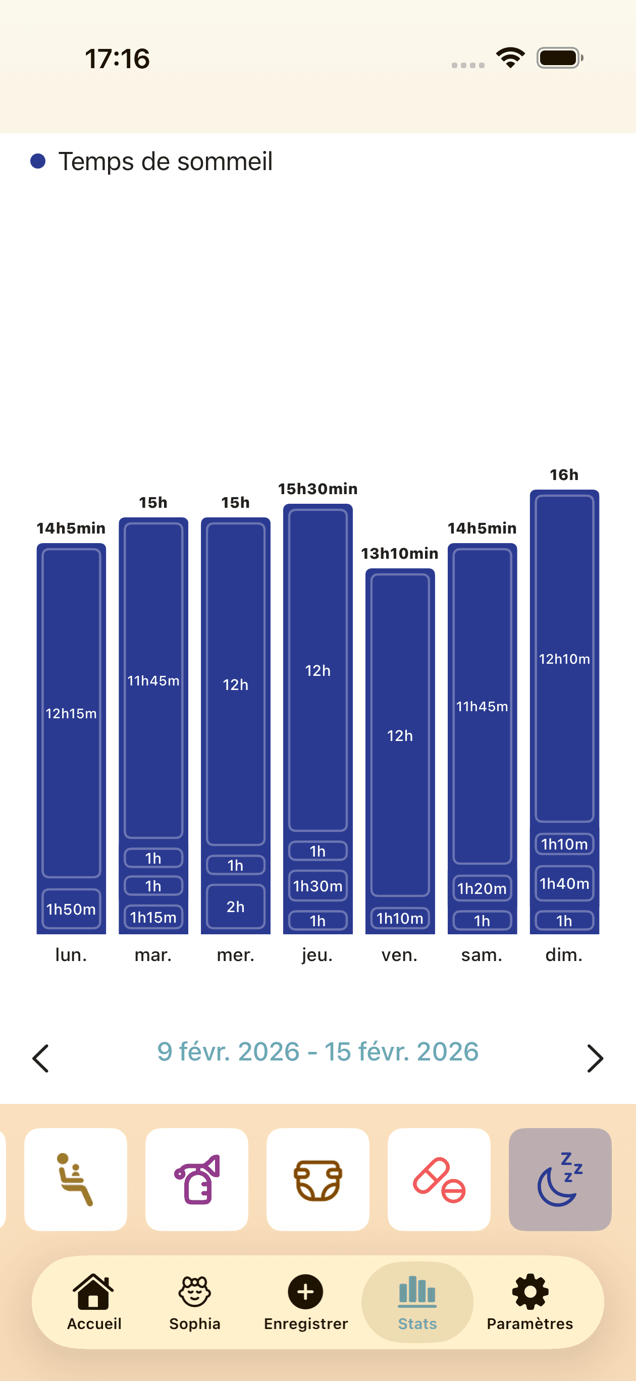 Écran de statistiques de suivi du sommeil montrant les habitudes de sommeil du bébé