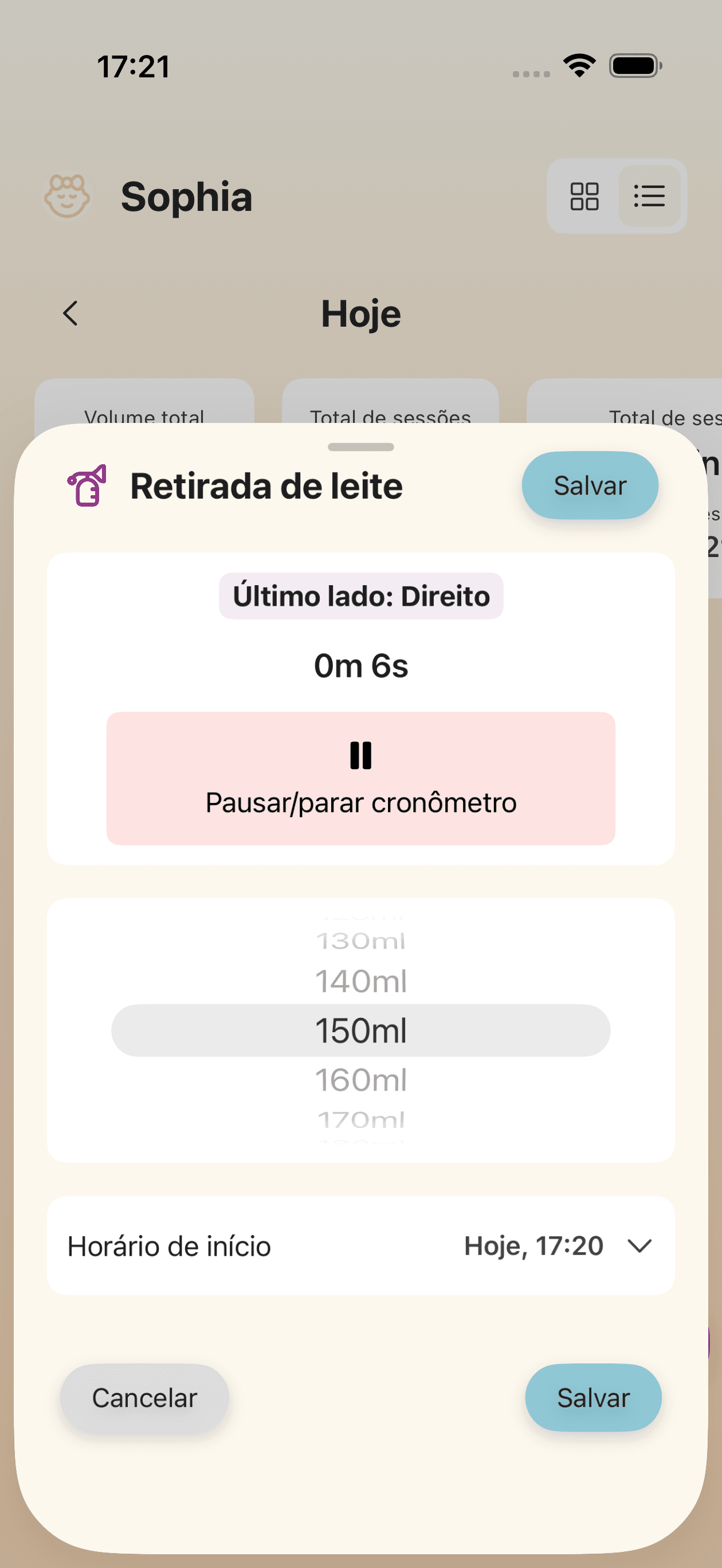 Tela de rastreamento de sessões de bombeamento