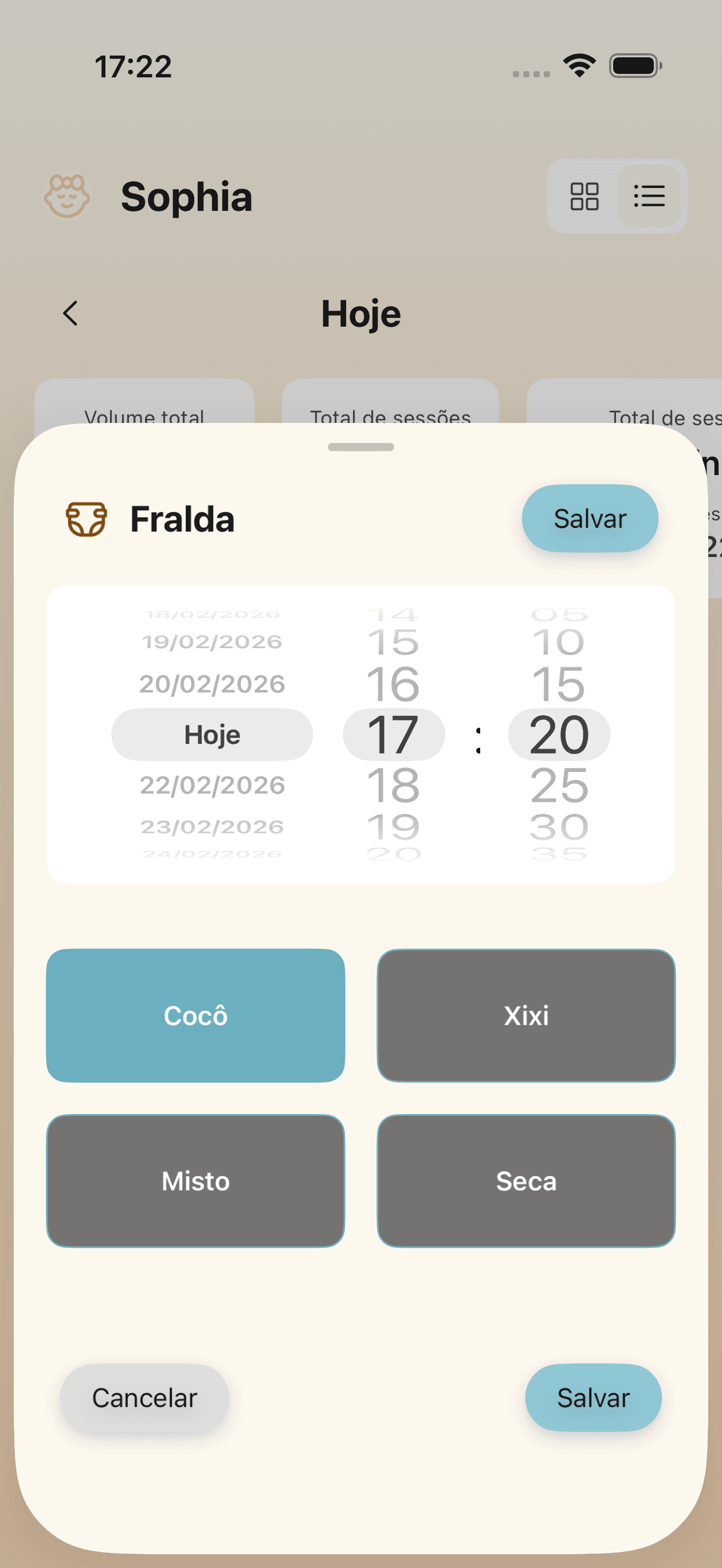 Interface de rastreamento de fraldas com opções de xixi, cocô e mistas
