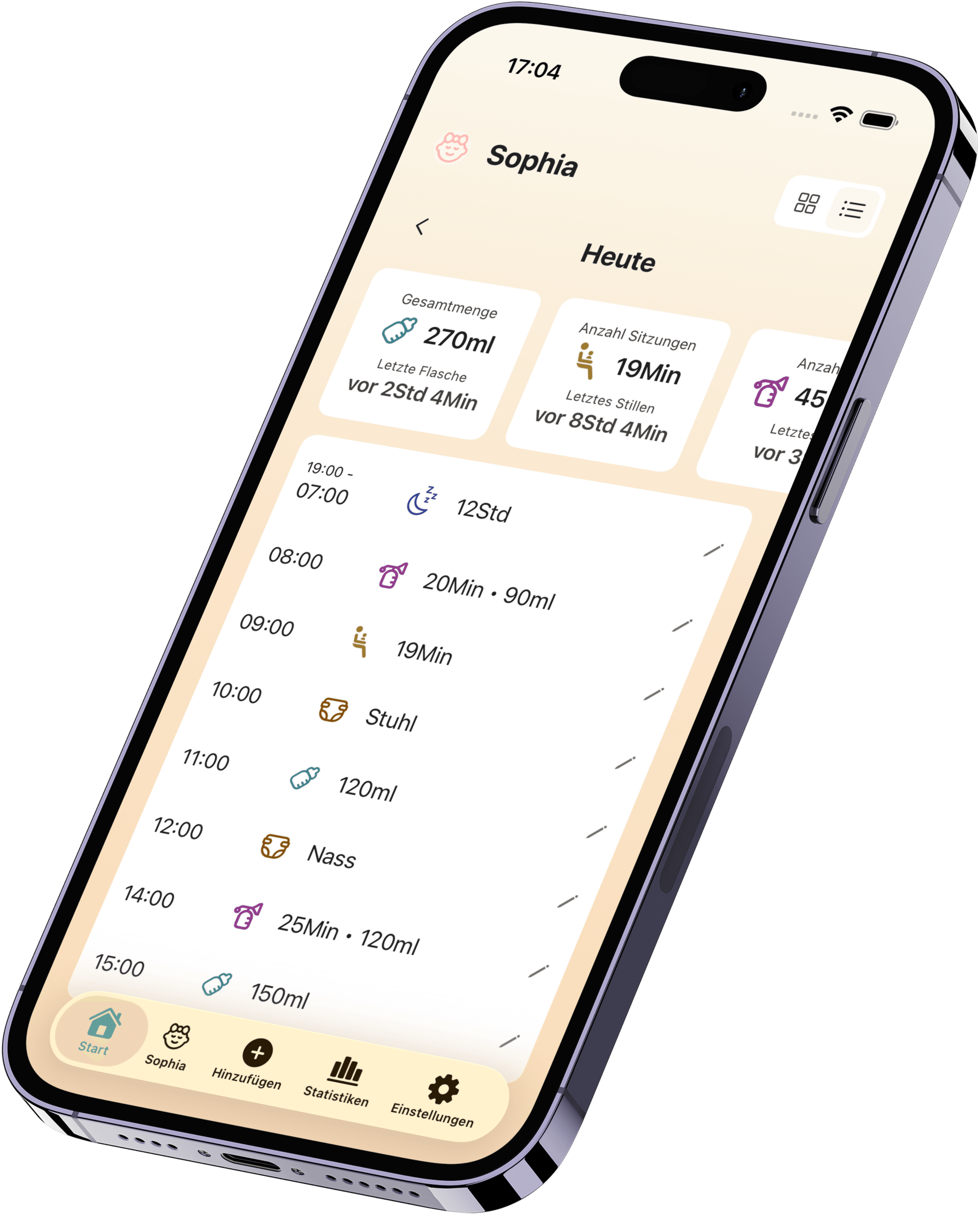Noora Baby Startbildschirm mit Fütterungs- und Windel-Tracking
