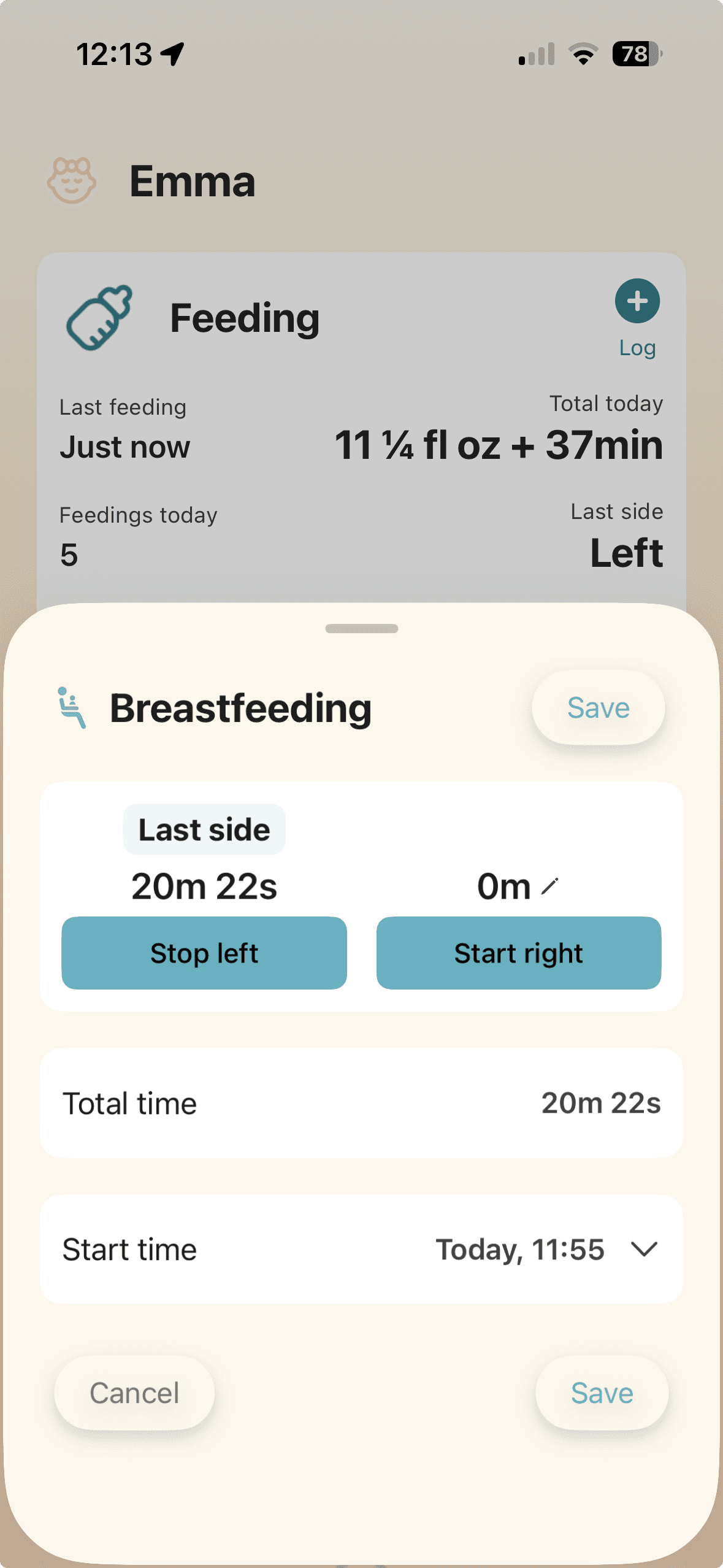 Breastfeeding tracker timer showing left and right breast tracking